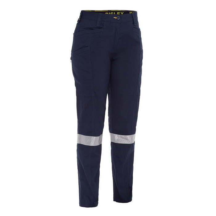 Navy blue work trousers with reflective tape, Bisley BPCL6150T Womens X Airflow™ Taped Vented Cargo Pants, front view