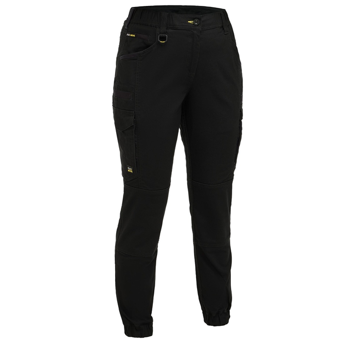 Black cargo-style work pants, Bisley BPCL6237 Womens Flx & Move™ Elastic Waist Cargo Cuffed Pants, front view