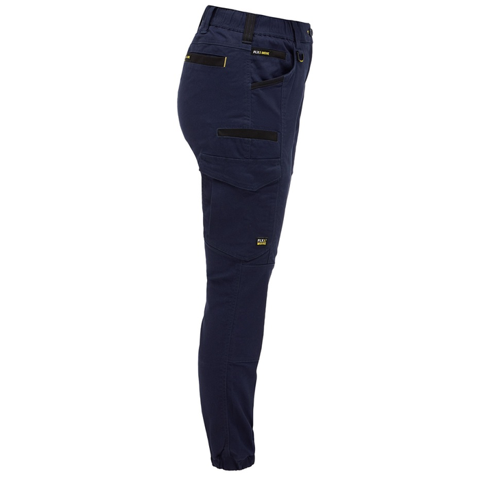 Bisley BPCL6237 Womens Flx & Move™ Elastic Waist Cargo Cuffed Pants, navy, side view, multiple utility pockets