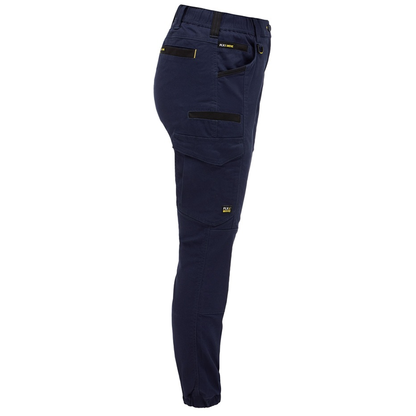 Bisley BPCL6237 Womens Flx & Move™ Elastic Waist Cargo Cuffed Pants, navy, side view, multiple utility pockets