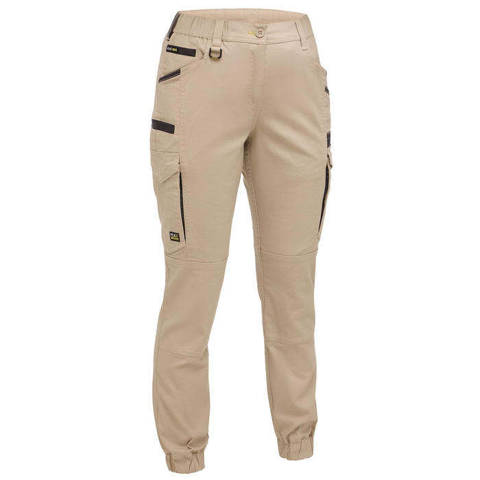 Stone beige coloured, Bisley BPCL6237 Womens Flx & Move™ Elastic Waist Cargo Cuffed Pants, front view