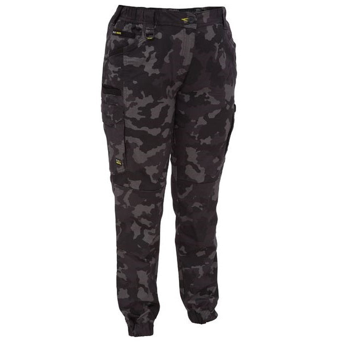 Black and gray camouflage cargo pants with multiple utility pockets, Bisley BPCL6337 front view 