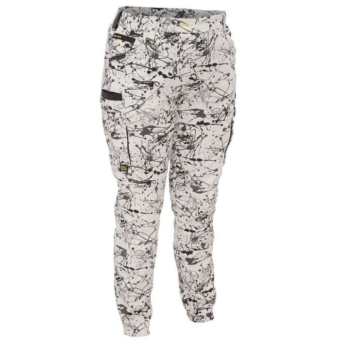 Grey paint splatter, light grey white pants with contrasting paint design, multiple utility pockets, tapered leg, Bisley BPCL6337 Womens Flex and Move™ Stretch Cargo Pants Limited Edition, front view