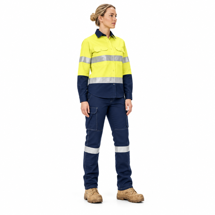 model view, yellow/navy, Bisley BPCL8580T Womens Apex 240 Taped FR Ripstop Cargo Pants