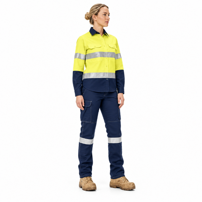 model view, yellow/navy, Bisley BPCL8580T Womens Apex 240 Taped FR Ripstop Cargo Pants