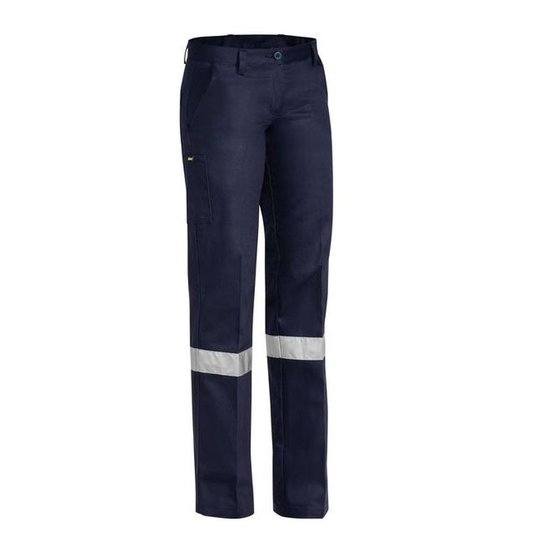 Navy, preshrunk drill, Bisley BPL6007T Womens Drill Pants 3M Reflective Tape, front view