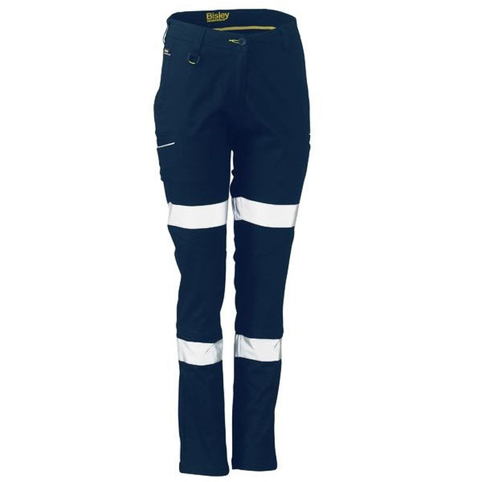Navy blue high-visibility work pants with reflective bands , Bisley BPL6015T Womens Taped Stretch Cotton Pants, front view