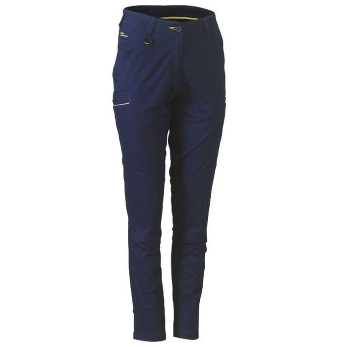 Ladies, navy blue, mid rise, shaped waistband, slim fit, front view, Bisley BPL6015 Womens Mid Rise Stretch Cotton Pants