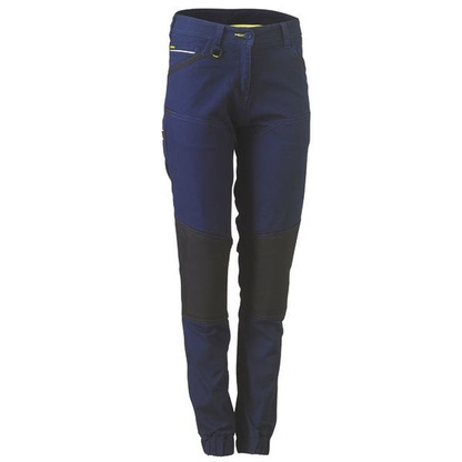 Navy blue, reinforced knee pads, front view, slim leg, cuffs, Bisley BPL6022 Womens Flex and Move Stretch Cotton Shield Pants