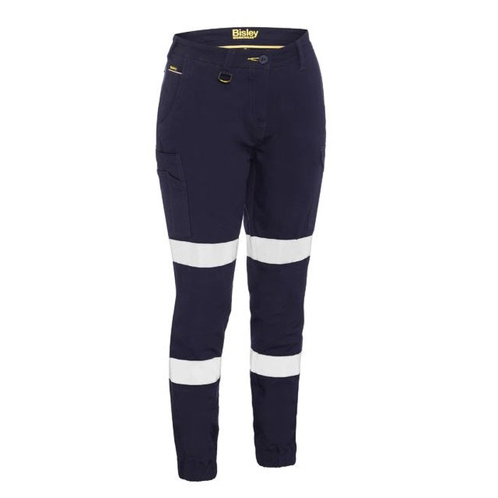 Navy with reflected tape, cuffed ankle, mid rise, stretch comfort, Bisley BPL6028T Bisley Ladies Taped Cotton Cargo Cuffed Pants, front view