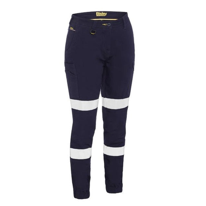 Navy with reflected tape, cuffed ankle, mid rise, stretch comfort, Bisley BPL6028T Bisley Ladies Taped Cotton Cargo Cuffed Pants, front view