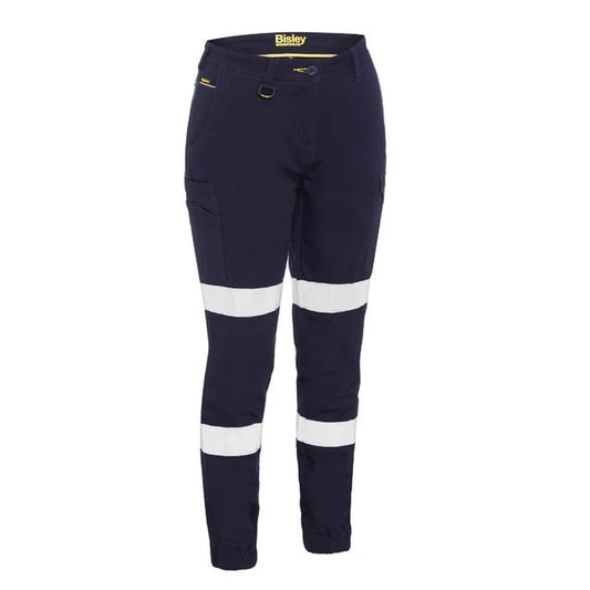 Navy with reflected tape, cuffed ankle, mid rise, stretch comfort, Bisley BPL6028T Bisley Ladies Taped Cotton Cargo Cuffed Pants, front view