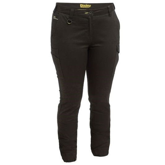 Black, midrise, utility pockets, Bisley BPL6028 Womens Cotton Cargo Cuffed Pants, front view