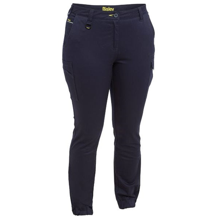 Ladies stretch anti bacterial fabric, navy, front view, Bisley BPL6028 Womens Cotton Cargo Cuffed Pants
