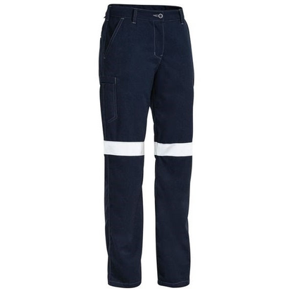 Navy blue high-visibility work pants with multiple utility pockets, Bisley BPL8092T Womens Tencate Tecasafe Plus 700 Taped FR Cargo Pants, front view