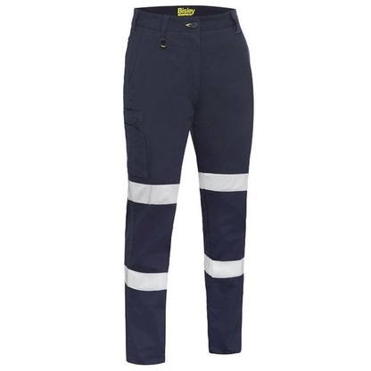 Navy blue high-visibility, comfortable movement, modern fit, Bisley BPLC6008T Womens Taped Stretch Cotton Drill Cargo Pants, front view.