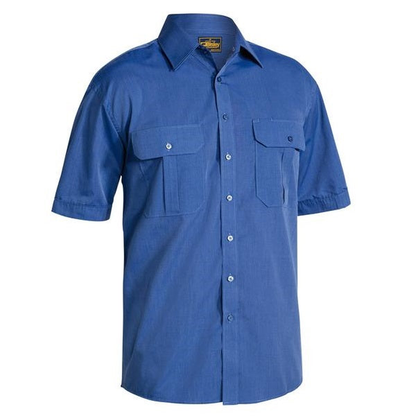 Mens Blue, button down, double chesst pockets, front view, Bisley BS1031 Metro Short Sleeve Shirt