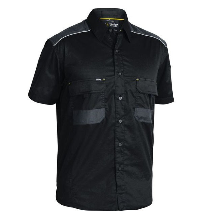 Black mens anti static premium fabric, Bisley BS1133 Flex and Move Mechanical Stretch Short Sleeve Shirt, front view