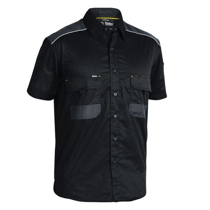 Black mens anti static premium fabric, Bisley BS1133 Flex and Move Mechanical Stretch Short Sleeve Shirt, front view