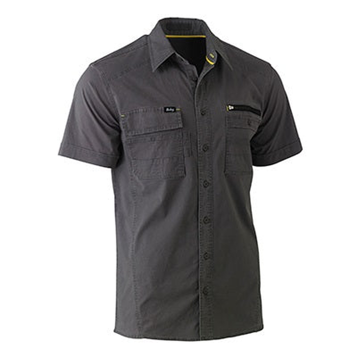 Charcoal grey, button down, modern fit, front view, Bisley BS1144 Flex and Move Utility Work Short Sleeve Shirt