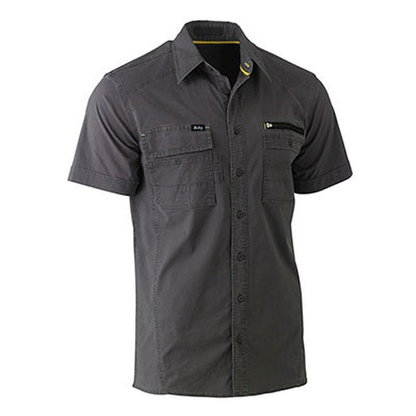 Charcoal grey, button down, modern fit, front view, Bisley BS1144 Flex and Move Utility Work Short Sleeve Shirt