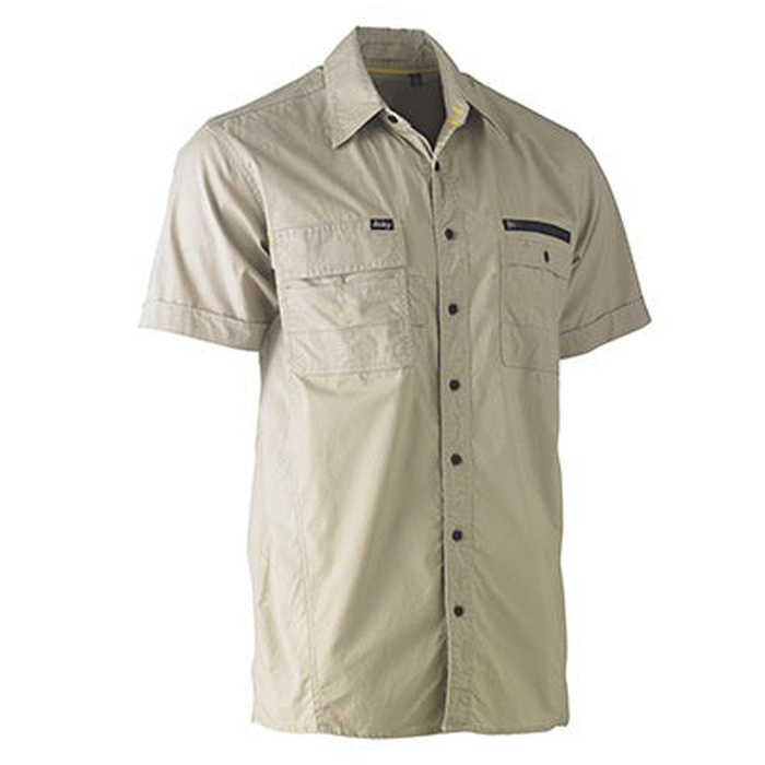 Stone beige, front view, double front pockets, Bisley BS1144 Flex and Move Utility Work Short Sleeve Shirt