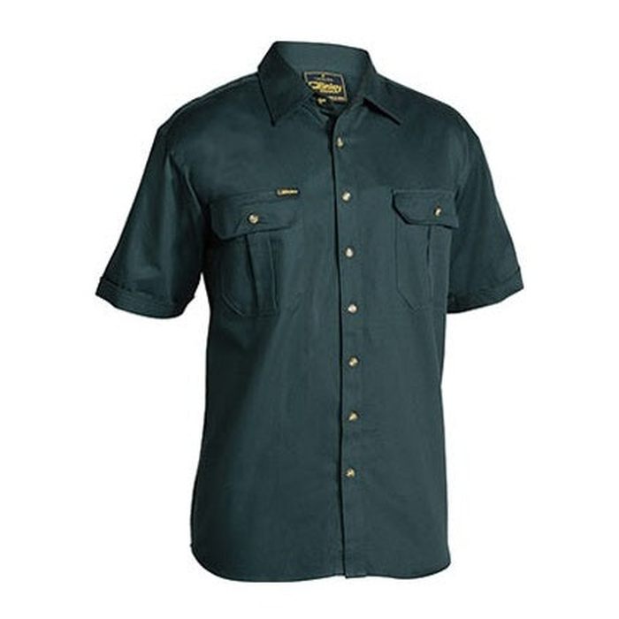 Bottle green, mens, Bisley BS1433 Original Cotton Drill Short Sleeve Shirt, tradie workshirt, front view