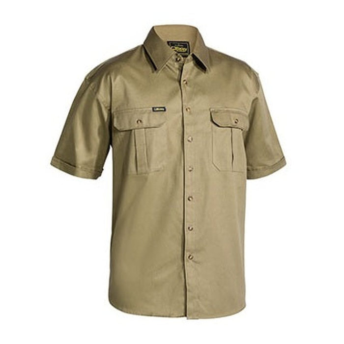 Khaki, premium pre shrunk drill, Bisley BS1433 Original Cotton Drill Short Sleeve Shirt, front view