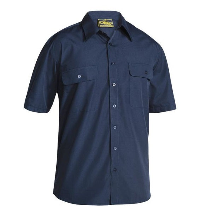 Smart navy blue, workwear button down shirt, front view, Bisley BS1526 Mens Perm Press Short Sleeve Shirt
