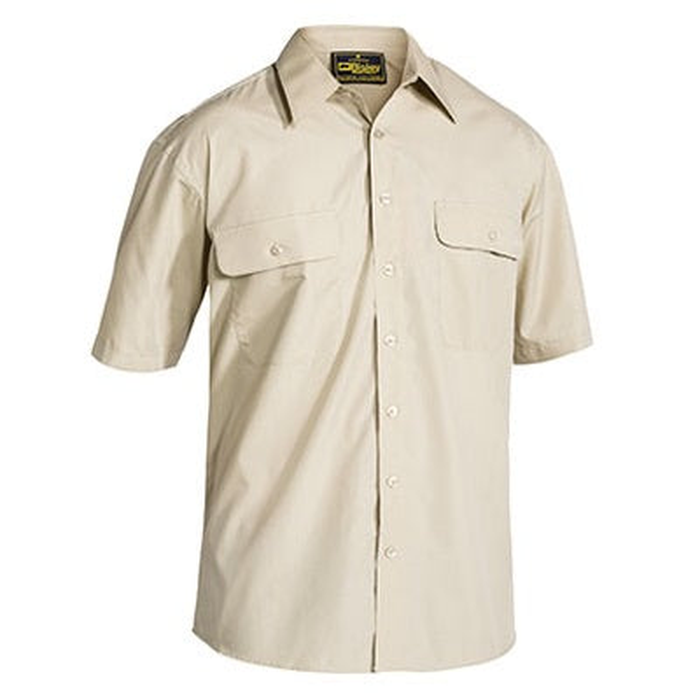Sand beige, Bisley BS1526 Mens Perm Press Short Sleeve Shirt, front view, lightweight professional shirt