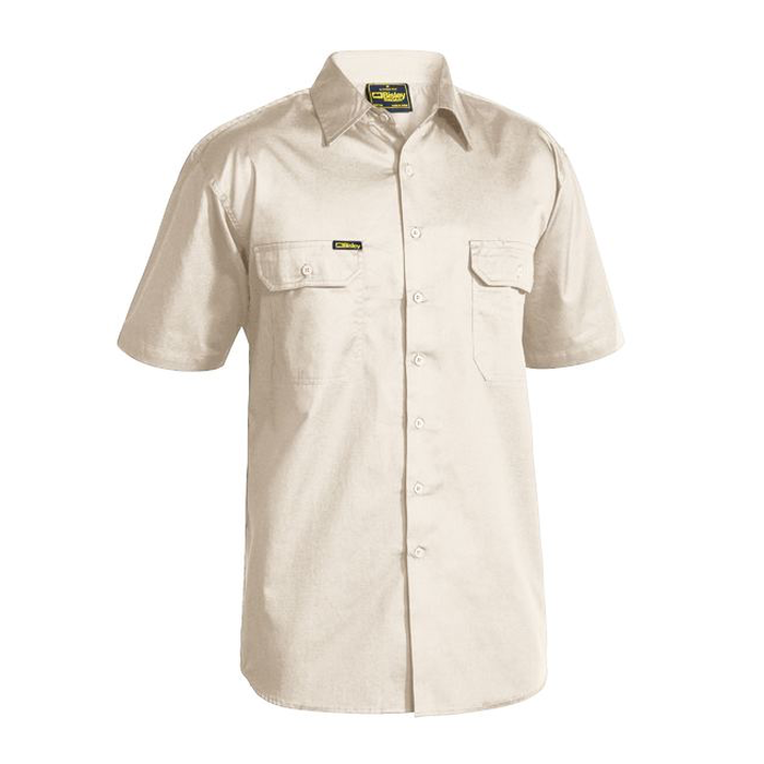 Sand beige coloured, Bisley BS1893 Cool Lightweight Drill Short Sleeve Shirt, front view