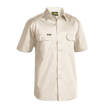 Sand beige coloured, Bisley BS1893 Cool Lightweight Drill Short Sleeve Shirt, front view