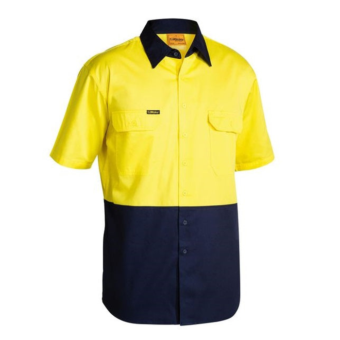 Yellow/navy, Bisley BS1895 2-Tone Cool Lightweight Drill Short Sleeve Shirt, tradie, worksite shirt, front view