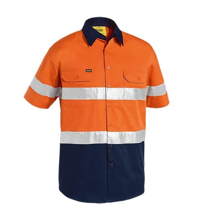 Mens, pre shrunk, relfective tape, front view, orange/navy, Bisley BS1896 2-Tone HiVis Taped Short Sleeve Shirt