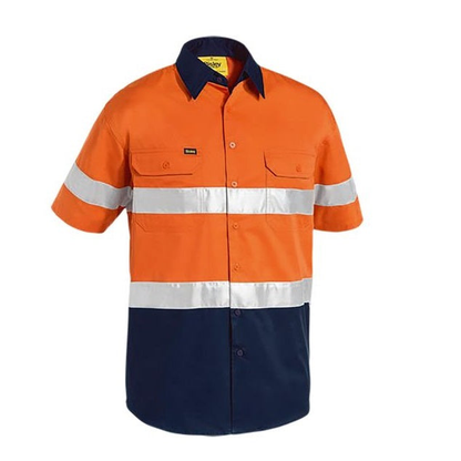Mens, pre shrunk, relfective tape, front view, orange/navy, Bisley BS1896 2-Tone HiVis Taped Short Sleeve Shirt