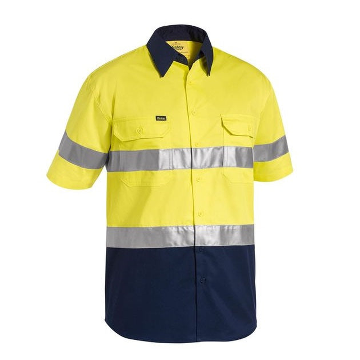 Yellow/navy, mens, premium, Bisley BS1896 2-Tone HiVis Taped Short Sleeve Shirt, front view