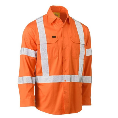 Orange high-visibility long-sleeve work shirt with reflective NSW Rail Cross back design, Bisley BS6166XT Taped X Back Cool Lightweight HiVis Drill Shirt, front view