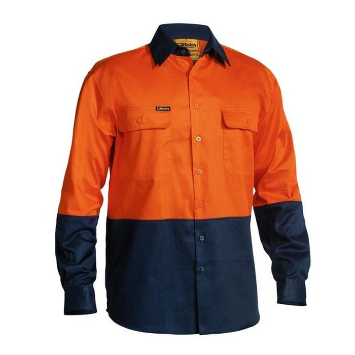 Navy orange, Hi visibility worksite safety shirt, Bisley BS6267 2-Tone HiVis Drill Long Sleeve Shirt, front view