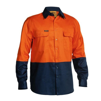 Navy orange, Hi visibility worksite safety shirt, Bisley BS6267 2-Tone HiVis Drill Long Sleeve Shirt, front view