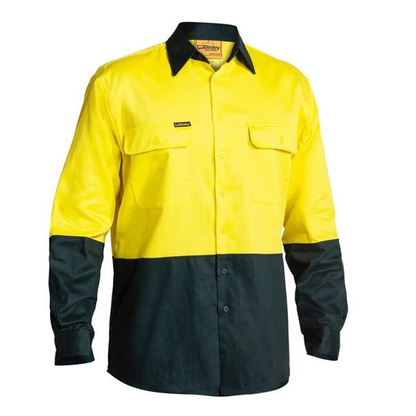 Yellow/bottle green, Bisley BS6267 2-Tone HiVis Drill Long Sleeve Shirt, front view, button up