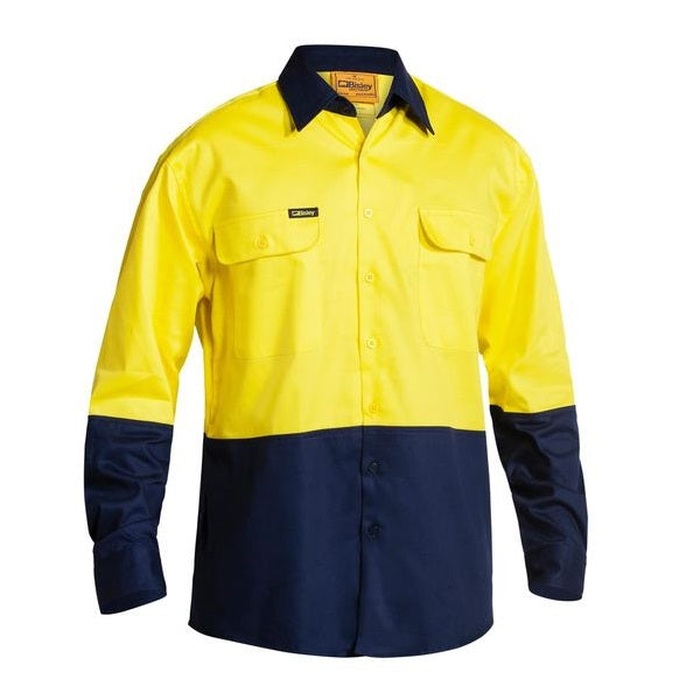 Yellow/navy, colourblock, double chest pockets, Bisley BS6267 2-Tone HiVis Drill Long Sleeve Shirt, front view