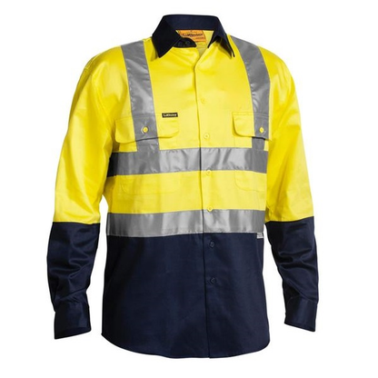 Yellow/navy, premium worksite, Bisley BS6267T 2-Tone Taped HiVis Drill Long Sleeve Shirt, front view
