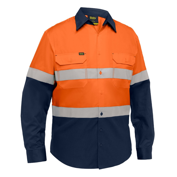 Bisley BS6390T Industrial Taped Hi Vis Cool Lighweight Vented Shirt, hoop reflective tape design, orange/ navy, front view