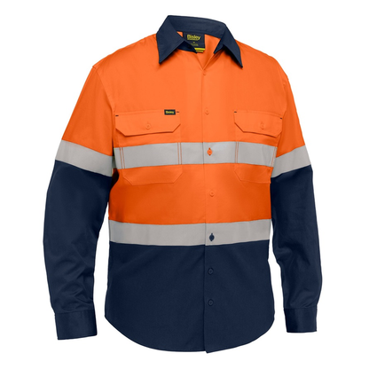 Bisley BS6390T Industrial Taped Hi Vis Cool Lighweight Vented Shirt, hoop reflective tape design, orange/ navy, front view