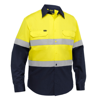 Yellow/ navy, Long-sleeve high-visibility work shirt Bisley BS6390T Industrial Taped Hi Vis Cool Lighweight Vented Shirt, front view