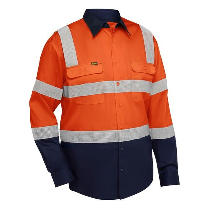 Bisley BS6396T Taped Biomotion Hi Vis Cool Lightweight Vented Shirt, orange/navy, front view