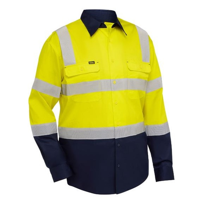 Bisley BS6396T Taped Biomotion Hi Vis Cool Lightweight Vented Shirt, yellow/navy, reflective tape, front view