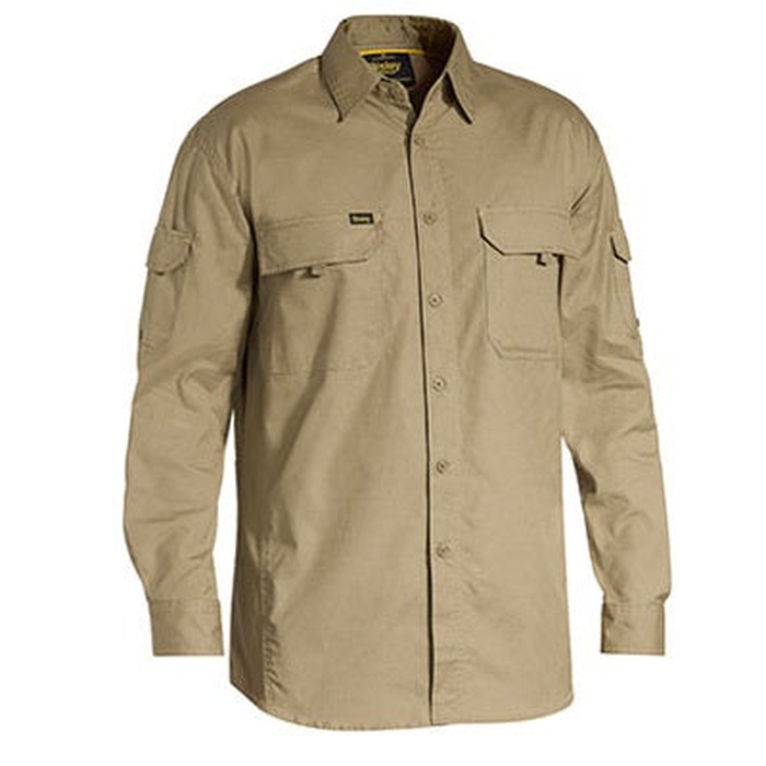 Khaki, modern fit, front view, Bisley BS6414 Mens X Airflow Ripstop Long Sleeve Shirt
