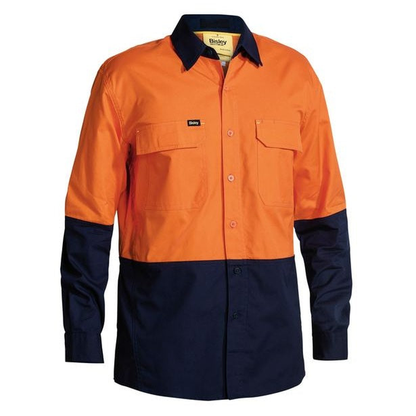 Orange/navy two-tone high-visibility work shirt , front view, Bisley BS6415 HiVis X Airflow Ripstop Shirt
