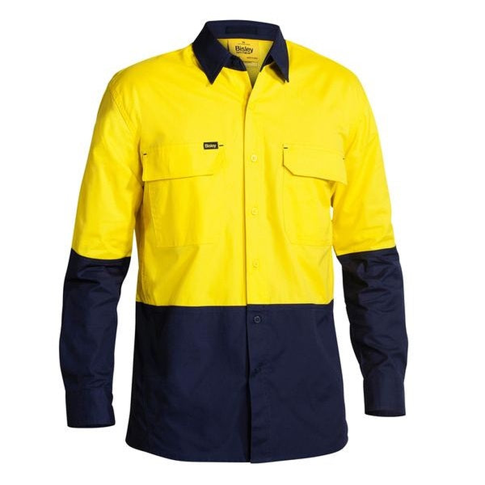 Bisley BS6415 HiVis X Airflow Ripstop Shirt, yellow/navy, double front pockets, traditional fit, front view
